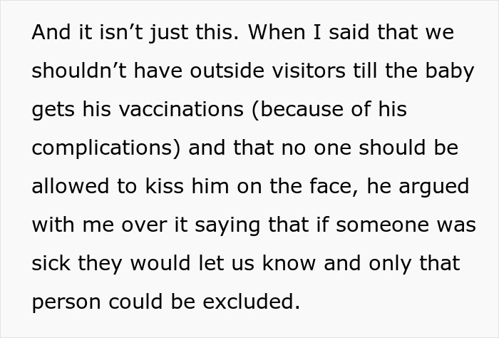 Text excerpt describing a pregnant woman demanding husband respect regarding baby&rsquo;s vaccination and visitor rules.