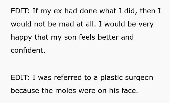 Text excerpt showing a mom&rsquo;s edits explaining her son&rsquo;s mole removal approved by dad, described as cosmetic surgery.