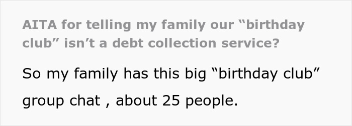 Text excerpt about family birthday club group chat with 25 people discussing birthday money collection.