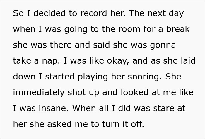 Text describing a woman struggling to sleep due to roommate&rsquo;s loud snoring and playing it back to keep her awake.