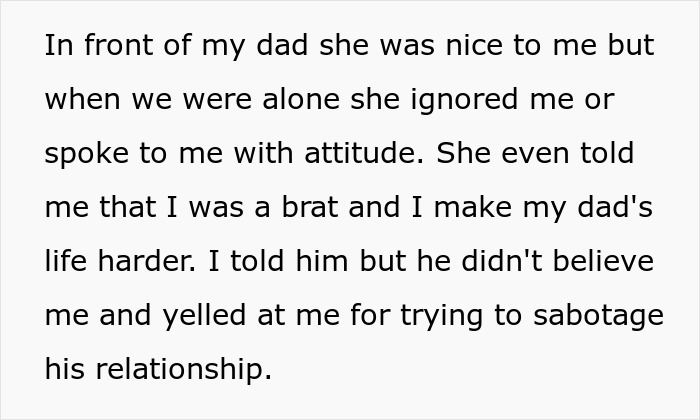 Text showing a teen describing how their dad&rsquo;s girlfriend was nice to them only in front of their dad but ignored them alone.