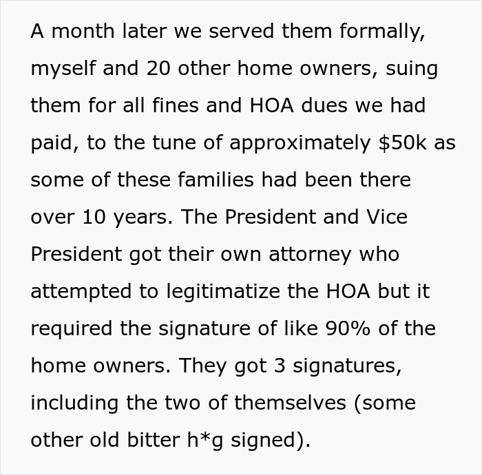 Text excerpt discussing a man and other homeowners suing an HOA president and vice president for unpaid fines and dues.
