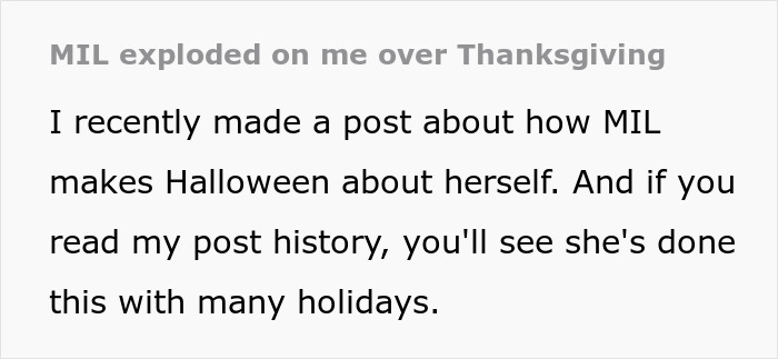 Text excerpt showing a woman describing how her mother-in-law exploded on her over Thanksgiving plans with her kid.