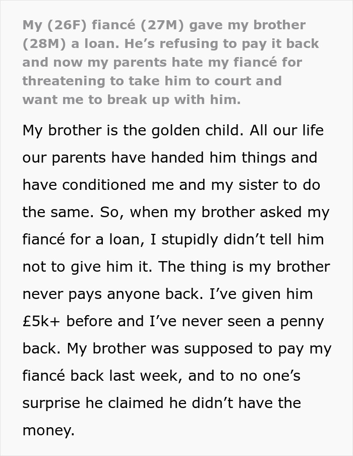 Text about bride&rsquo;s family conflict after fianc&eacute; threatens to take her brother to court over unpaid loan refusal.