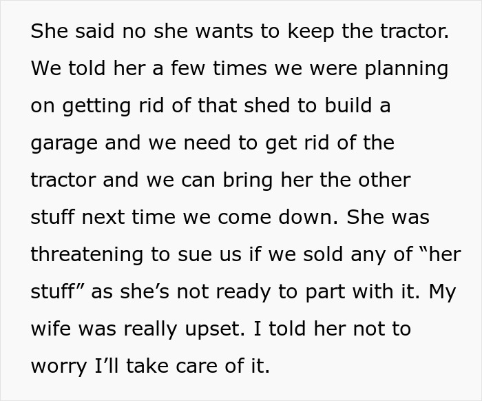 Text excerpt showing a dispute over inherited tractor and plan to sell it, illustrating toxic MIL and son-in-law conflict.