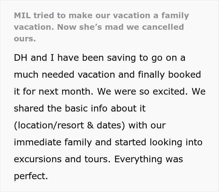 Text describing a couple&rsquo;s vacation plans disrupted by MIL trying to turn it into a family vacation with tension.