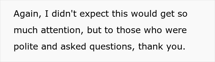 Text post expressing unexpected attention and gratitude to polite people who asked questions about the entitled mother incident. Text post expressing unexpected attention and gratitude to polite people who asked questions about the entitled mother incident.