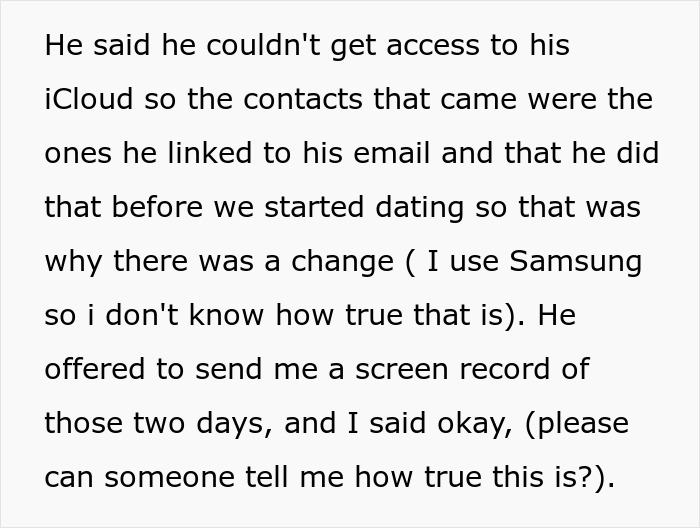 Text excerpt discussing a man&rsquo;s suspicious work trip causing his girlfriend to rethink their relationship.
