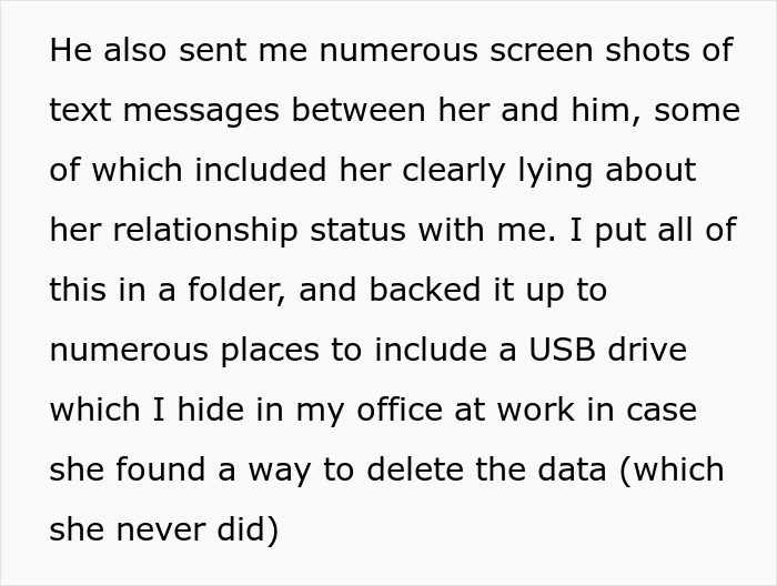 Text describing a man happy after discovering his ex-wife caught cheating through saved messages and backed up evidence.