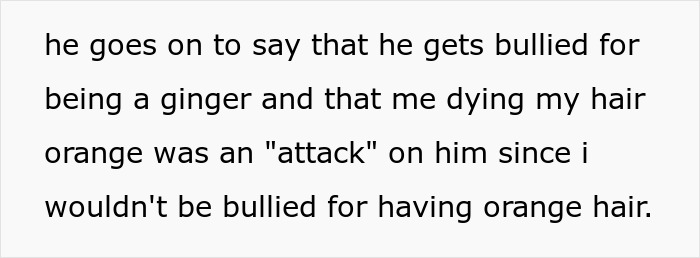 Text discussing bullying related to dyeing hair orange and the drama with a classmate over hair color.