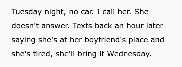 Text message exchange showing a lady borrowing a car for one hour but keeping it for days, causing tension with her sister. Text message exchange showing a lady borrowing a car for one hour but keeping it for days, causing tension with her sister.