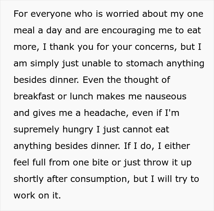 Text discussing concerns about eating one meal a day and inability to eat breakfast or lunch without feeling nauseous or headaches.
