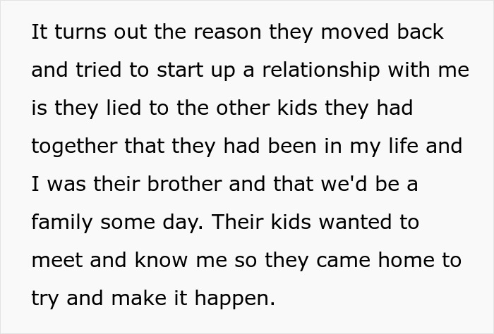Text describing parents wanting their abandoned son to reconnect and build a happy family with siblings after years.