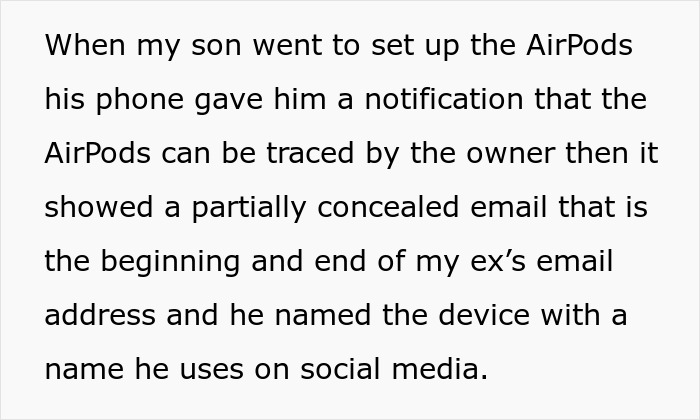 Notification on phone reveals son&rsquo;s AirPods are traceable, linked to ex-husband&rsquo;s email and social media name.