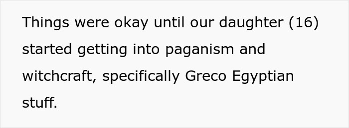 Teen daughter explores paganism and witchcraft, causing tension with in-laws mocking her beliefs and traditions.