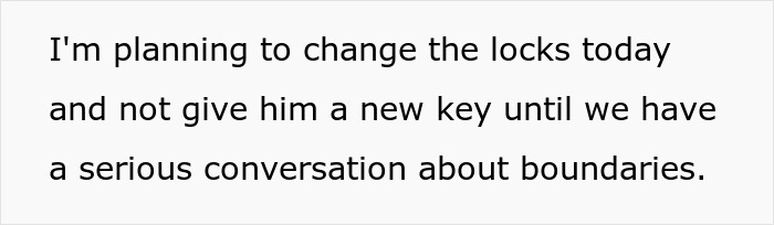 Text on a white background stating plans to change the locks due to a serious conversation about boundaries.