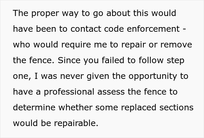 Text excerpt showing dispute details about neighbor replacing rotten fence without agreement and refusal to pay $2000.