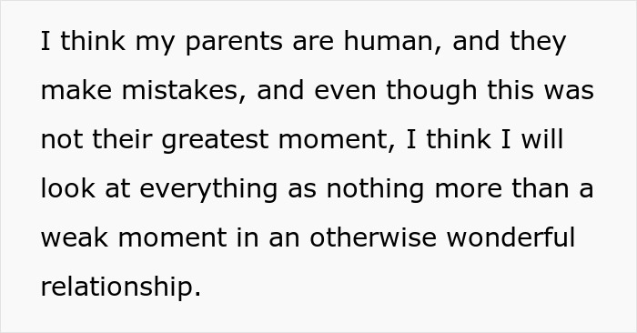 Text image with a thoughtful message about parents, reflecting on mom affair, college money, and dad mistakes in family relationships.