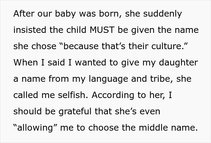 Text excerpt highlighting MIL demands baby&rsquo;s name honor her culture while new mom fights for her heritage after birth.