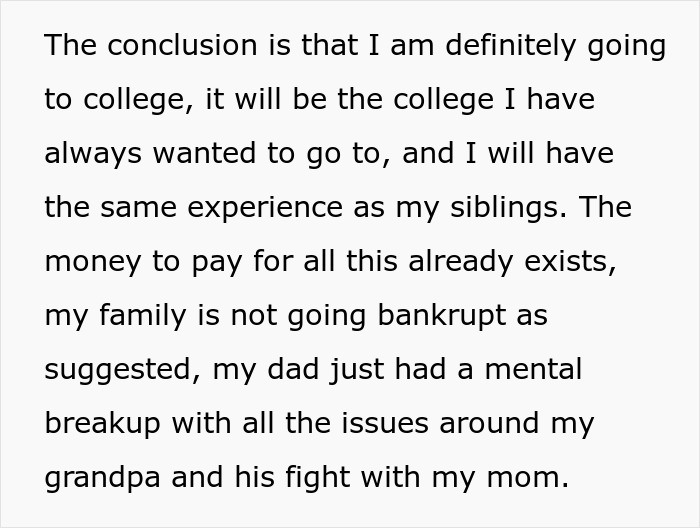 Text explaining college plans and family finances affected by dad&rsquo;s mental breakup and mom&rsquo;s affair.