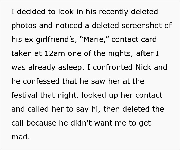 Text about a woman discovering boyfriend cheating during vacation by finding deleted contact and call details.