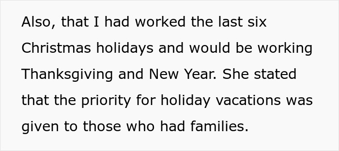 Text excerpt discussing holiday vacation priority given to employees with families, highlighting hospital&rsquo;s family first policy.