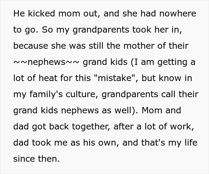 Text excerpt about mom and dad reconciling after an affair, mentioning college money and family support.