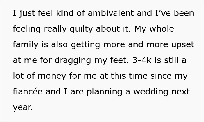 Text about woman feeling guilty and family upset over $4k plastic surgery request amid wedding plans and body dysmorphia concerns.