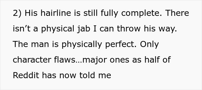 Text discussing a man described as physically perfect, focusing on character flaws and Reddit feedback. Text discussing a man described as physically perfect, focusing on character flaws and Reddit feedback.