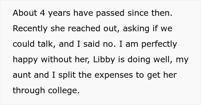 Text excerpt about a lady neglecting siblings for 4 years, refusal to reconnect, focusing on family support and college expenses.