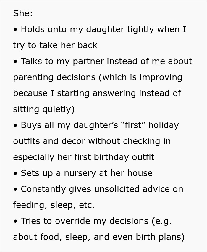 List of reasons mom feels uncomfortable leaving baby with mom or MIL alone, including unsolicited advice and overriding decisions.
