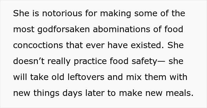 Text about MIL&rsquo;s cooking being hazardous and ignoring food safety by mixing old leftovers with new meals.