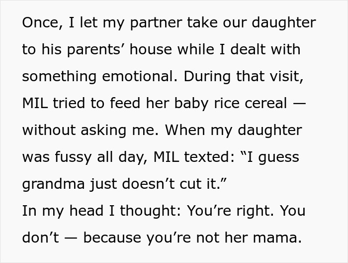 Mom explains why she feels uncomfortable leaving her baby alone with mom or mother-in-law due to trust and care concerns.
