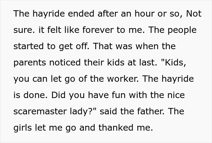 Text excerpt from haunted hayride story showing parents finally noticing scared kids after an hour and ending the hayride.