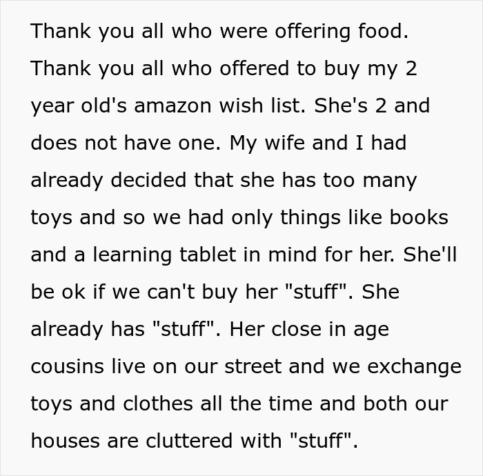 Text post explaining father&rsquo;s decision to cancel Christmas due to financial struggles and too many toys for child.