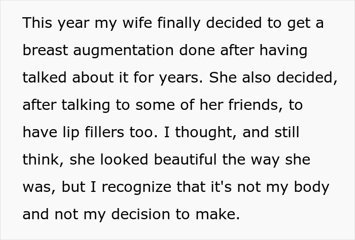 Text excerpt about woman&rsquo;s breast augmentation and lip fillers, highlighting husband's honest feelings on her plastic surgeries.