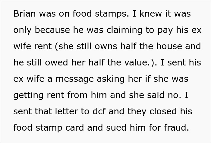 Text excerpt showing a woman exposing her toxic ex and his fraud involving food stamps and rent payments.