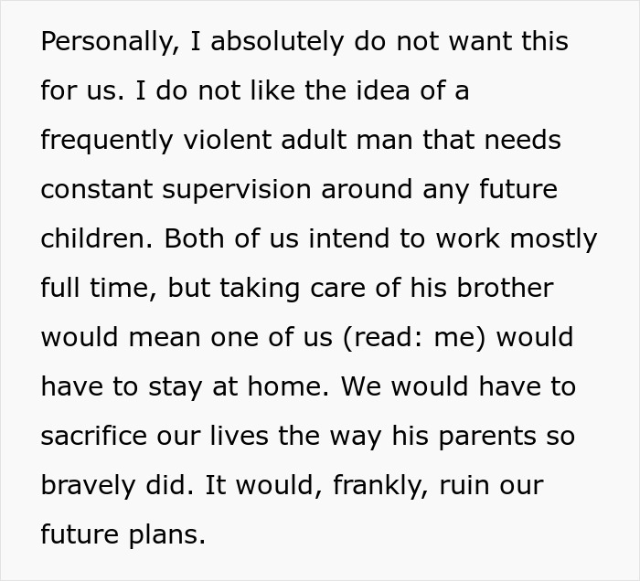Text discussing the challenges of caring for a disabled brother and the impact on future plans and careers. Text discussing the challenges of caring for a disabled brother and the impact on future plans and careers.