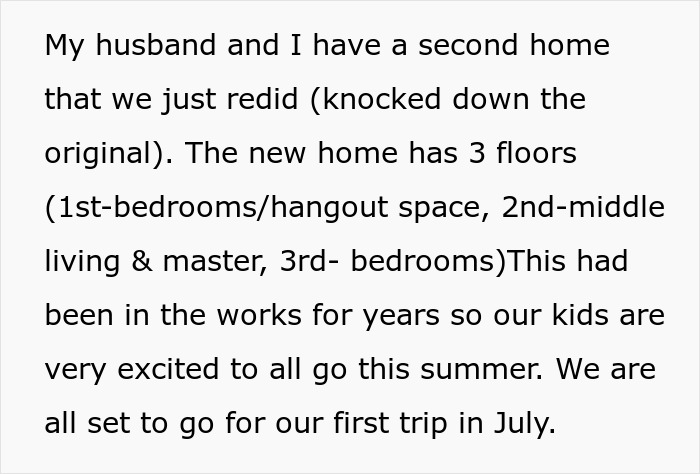 Text excerpt about renovating a second home and family preparing for a summer trip, focusing on pregnancy complaints and family dynamics.