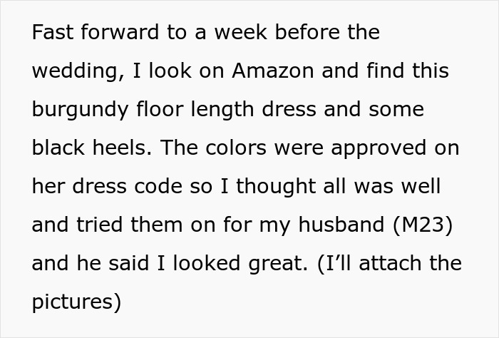 Bride mad at cousin wearing burgundy floor-length dress before wedding, causing tension over dress choice and colors.