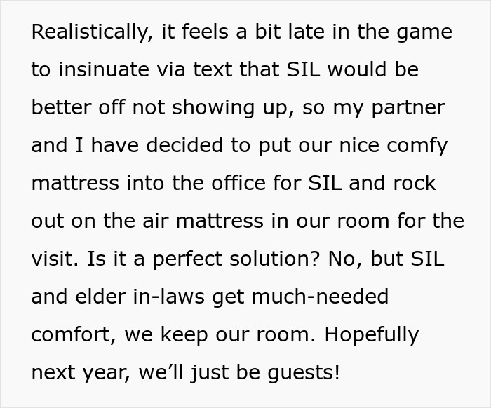 Text discussing a pregnant SIL offended by being given an air mattress to sleep on while couple claims their room.