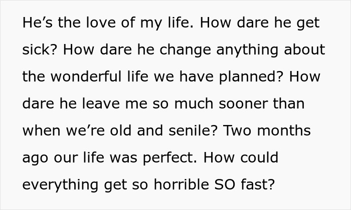 Alt text: Emotional text expressing grief and fear over life changes due to a life-threatening condition mistaken for pregnancy obsession.