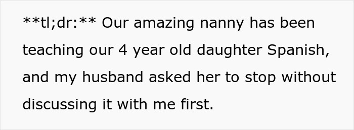 Woman explaining to a husband banning daughter&rsquo;s Spanish lessons with their nanny during a family discussion at home.