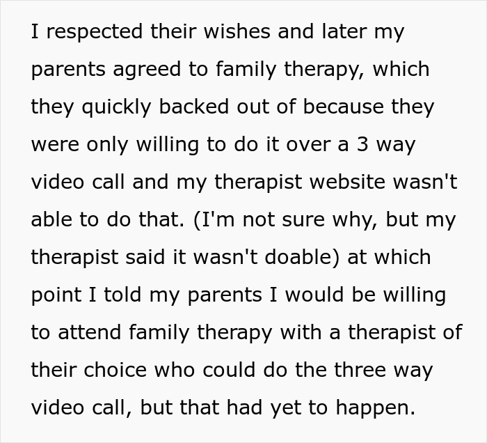 Alt text: Text about family therapy challenges with entitled parents and autistic brother's behavior concerns during video calls
