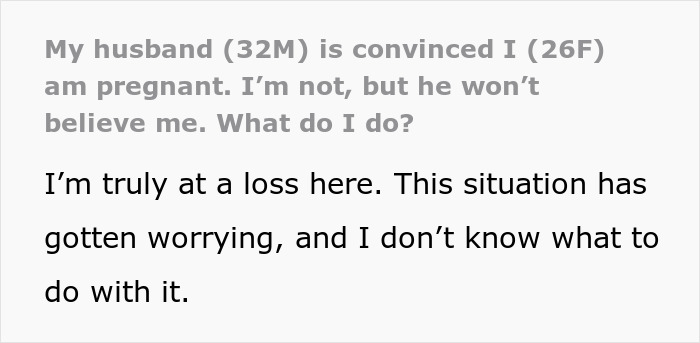 Text message showing a woman&rsquo;s husband convinced she is pregnant, highlighting obsession linked to a life-threatening condition.