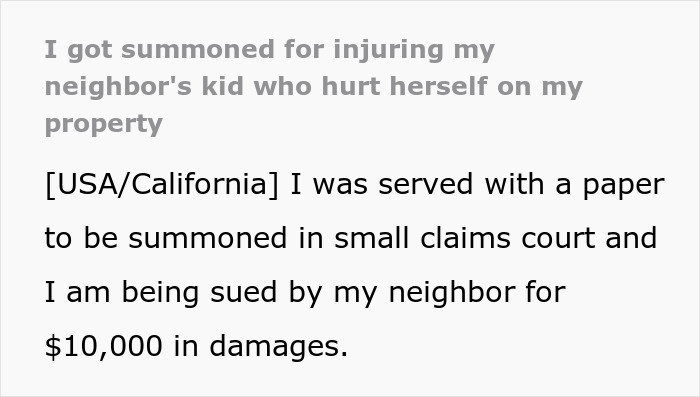 Text excerpt about a neighbor being sued for $10,000 after kids used their yard without permission and a girl ended up in the ER.