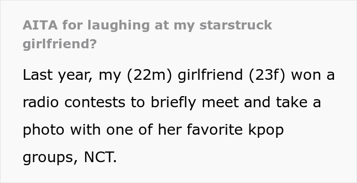 Text excerpt about a guy mocking his girlfriend publicly for fangirling over a K-pop band and her reaction to it.