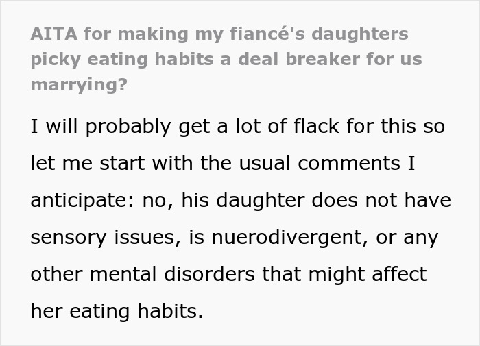Text excerpt discussing picky eating habits that caused a breakup involving a foodie woman and her fiancé’s kid. Text excerpt discussing picky eating habits that caused a breakup involving a foodie woman and her fiancé’s kid.