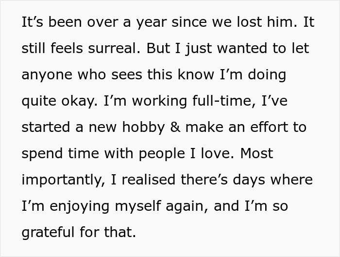 Text on a white background describing coping after loss, highlighting new hobbies and spending time with loved ones.
