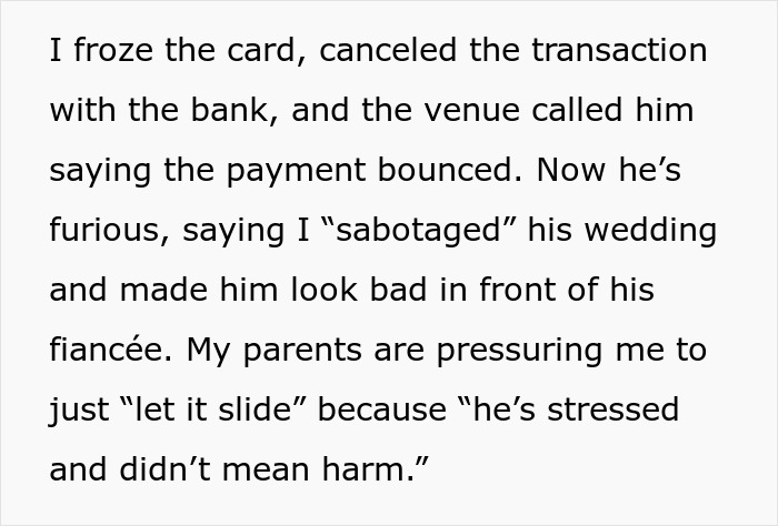 Text excerpt about freezing credit card after brother uses sister&rsquo;s card without permission, causing conflict and family pressure.